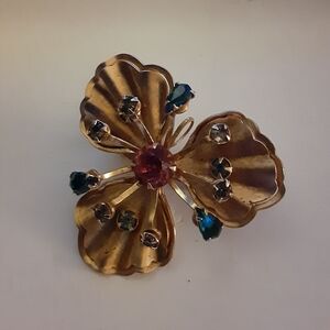 Blue Purple Green Rhinestone Gold Tone Flower Pin / Pendent
